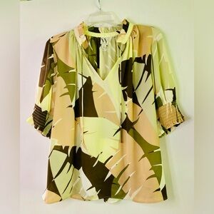 Worthington Floral Palm Leaves Balloon Sleeve Blouse Shirt Size XL